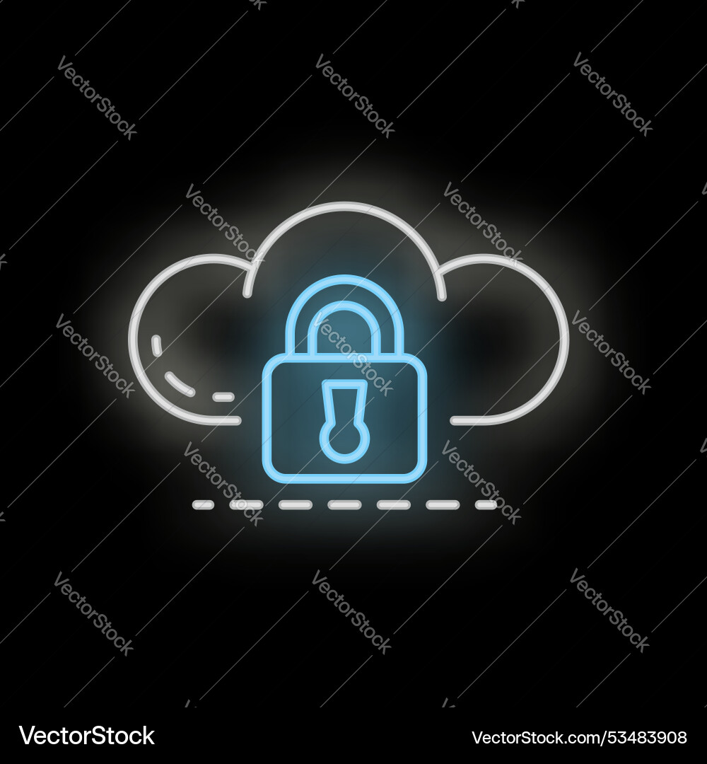 Neon padlock protecting cloud computing system vector image