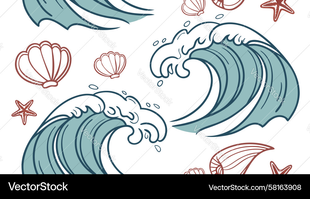 Ocean Waves & Seashells Pattern Vector Image