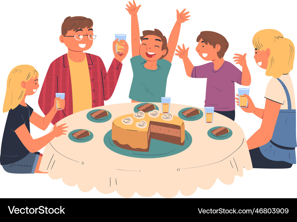 Glückliche Familie sitzen am Tisch Essen fest Kuchen Glückliche Familie sitzen am Tisch Essen fest Kuchen vektorbild
