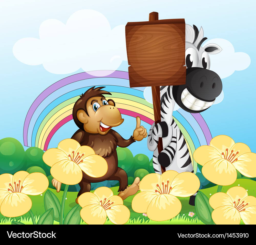 A monkey and zebra at the garden with an empty vector image