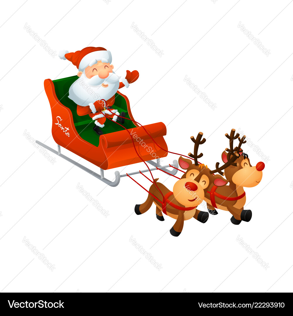 Cartoon cute santa on a sleigh with funny reindeer Cartoon cute santa on a sleigh with funny reindeer vector image