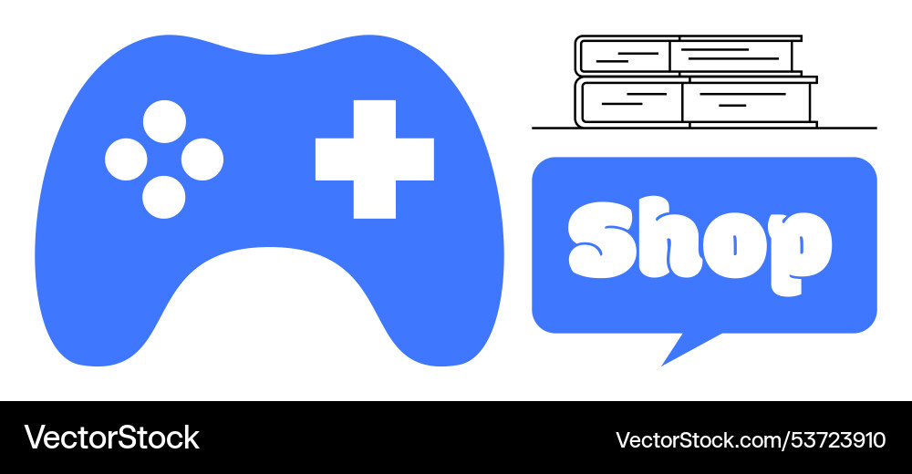 Game controller and book stack with shop sign Game controller and book stack with shop sign vector image