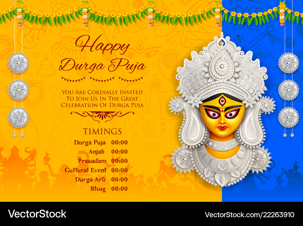 Goddess durga face in happy puja subh Goddess durga face in happy puja subh vector image