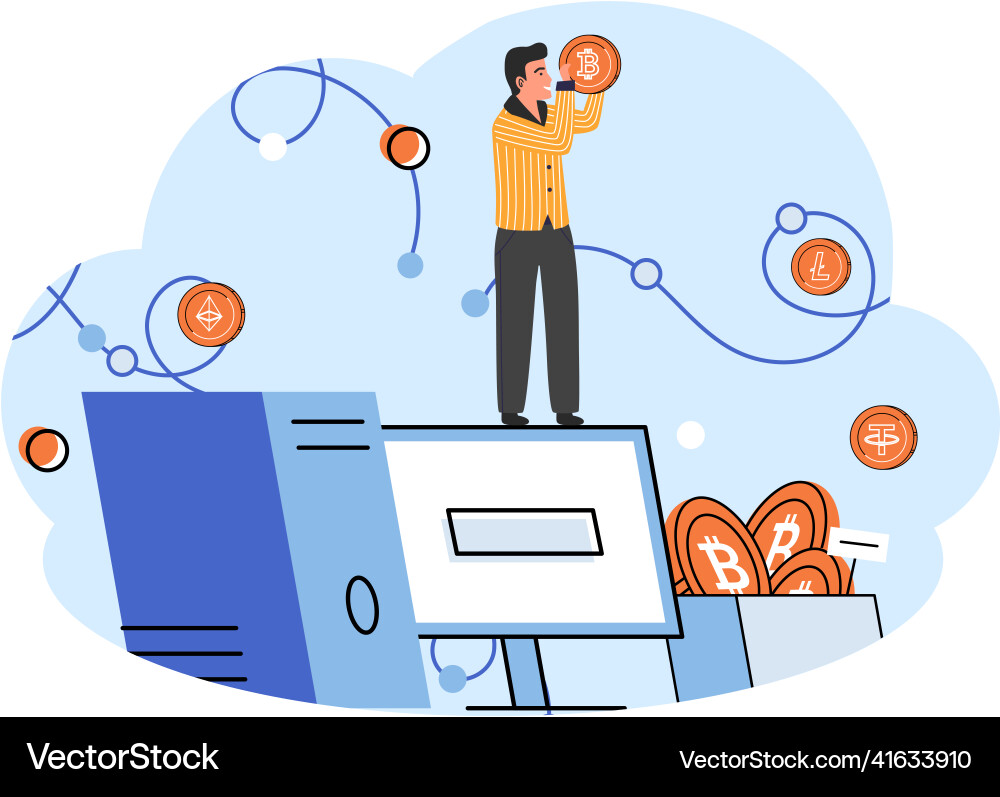 Man crypto trader works with laptop Man crypto trader works with laptop vector image