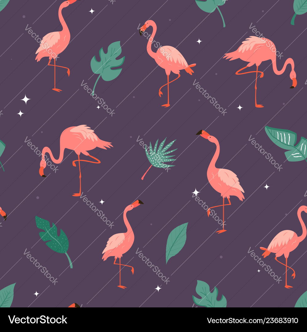 Seamless pattern with flamingos and leaves vector image