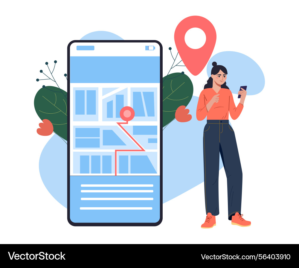 Woman using map navigation app on phone Woman using map navigation app on phone Vector Image