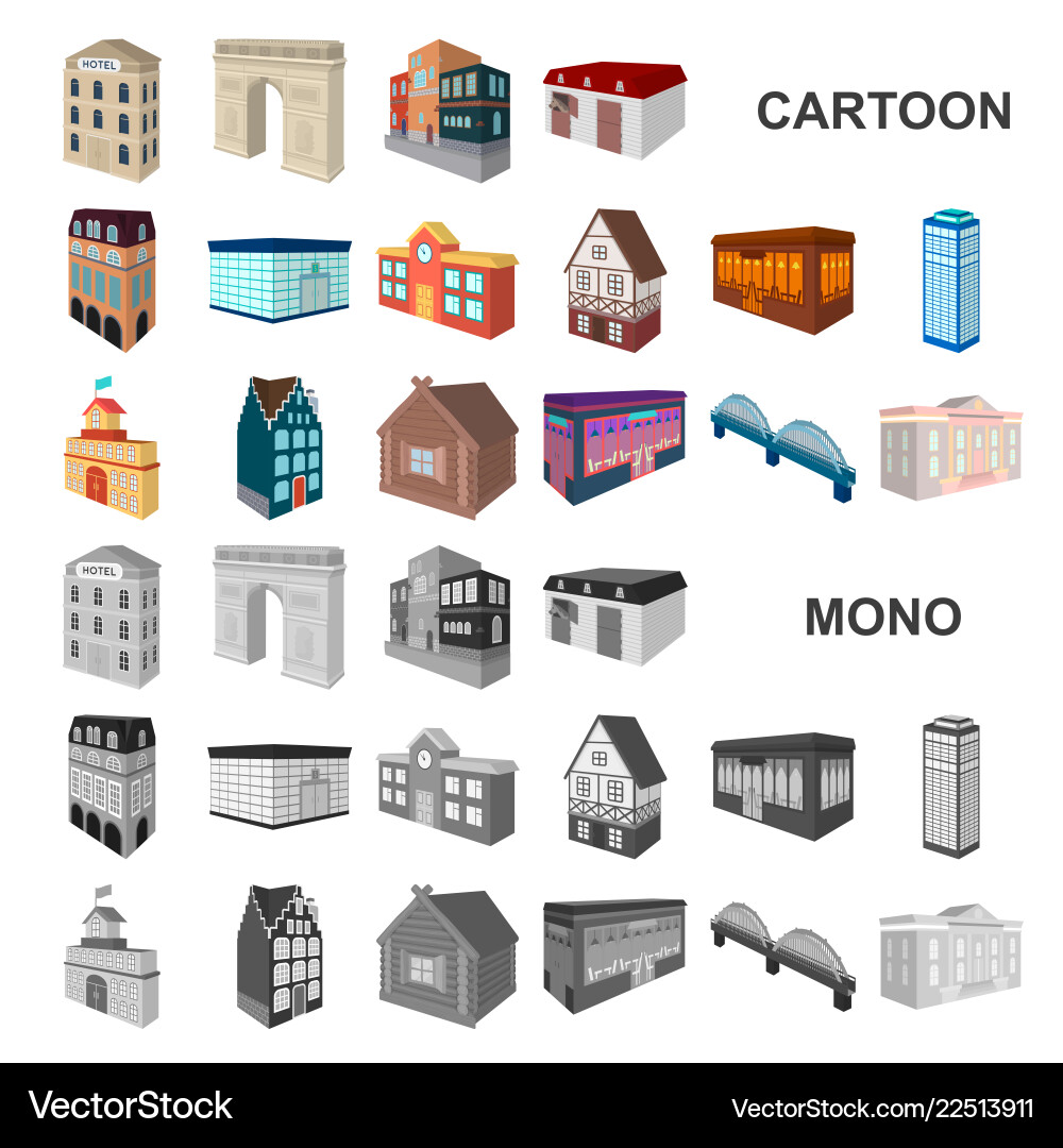 Building and architecture cartoon icons in set Building and architecture cartoon icons in set vector image