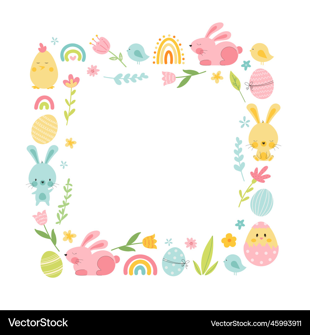 Easter frame with bunny eggs rainbow flowers Easter frame with bunny eggs rainbow flowers vector image