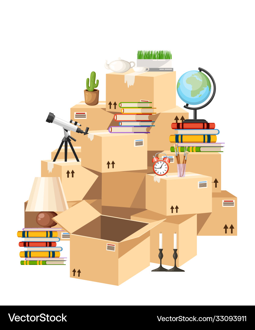 Stack boxes cardboard with objects Stack boxes cardboard with objects vector image