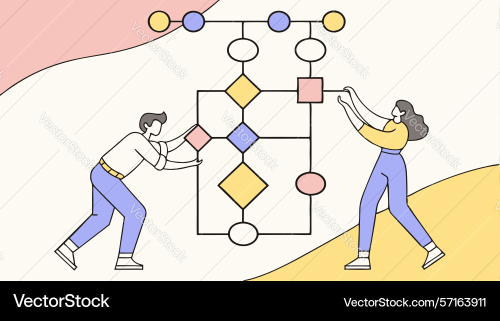 Team collaborating on flowchart and process vector image