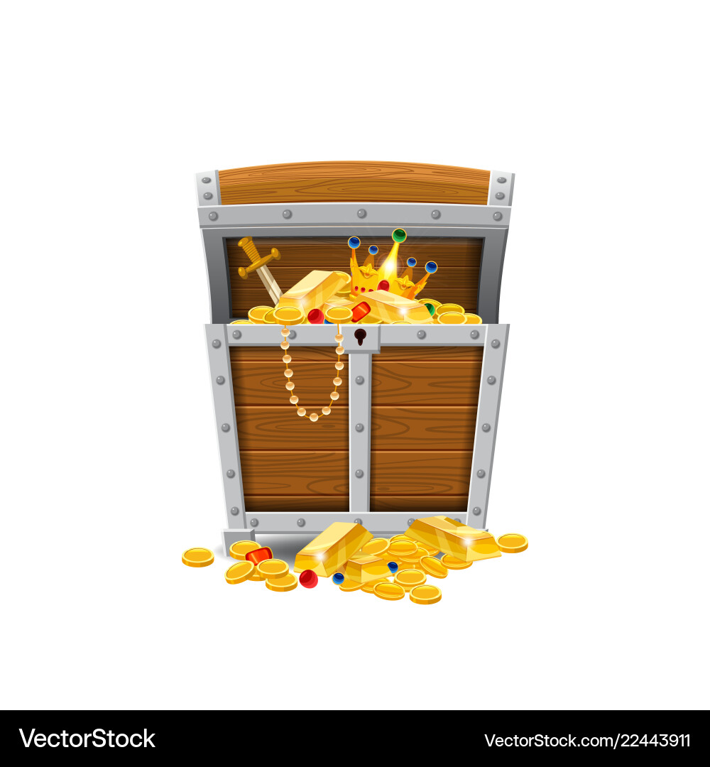 Wooden old pirate chests full of treasures gold Wooden old pirate chests full of treasures gold vector image