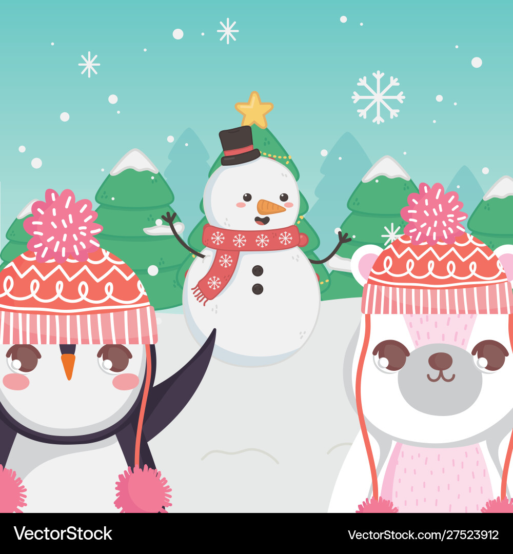 Cute polar bear snowman and penguin trees merry vector image