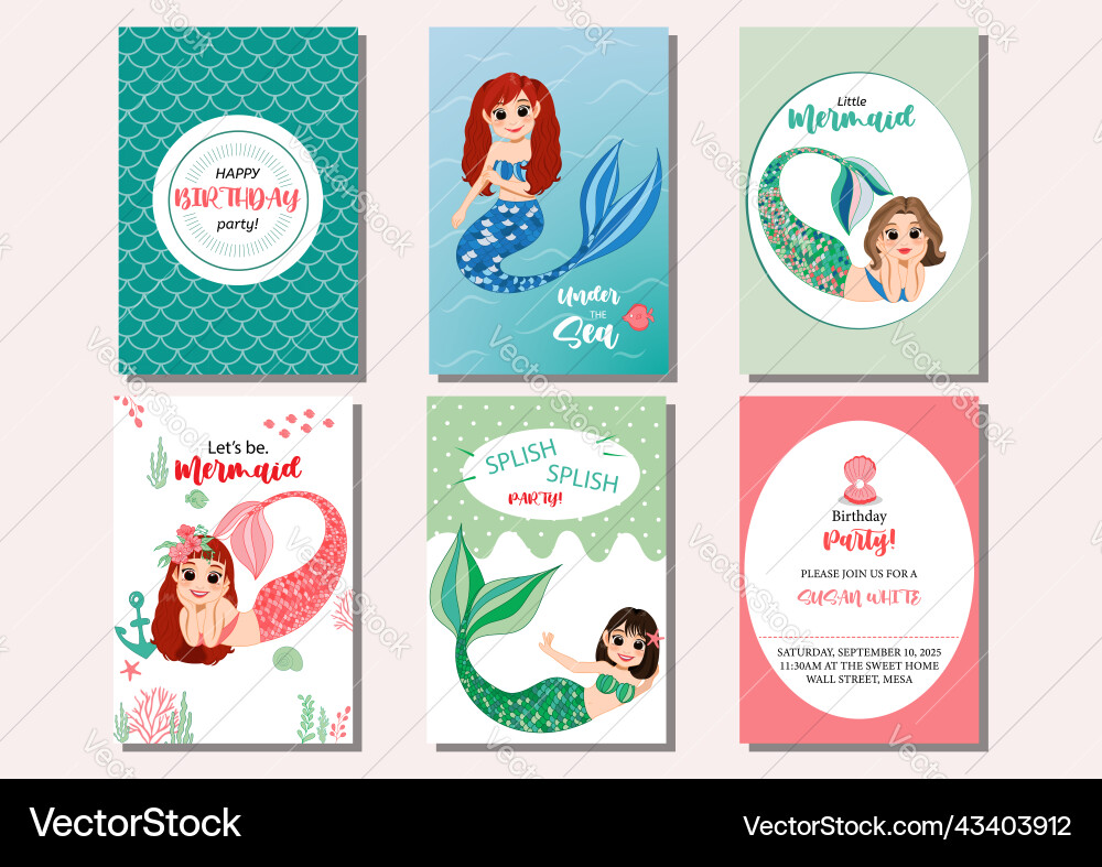 Set of cute creative card templates with mermaid Set of cute creative card templates with mermaid vector image