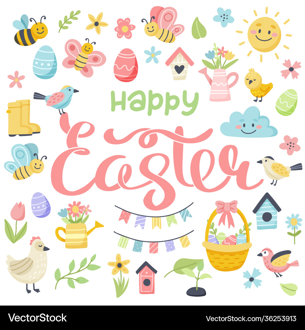 Cute Easter Lettering with Eggs & Birds Vector Image