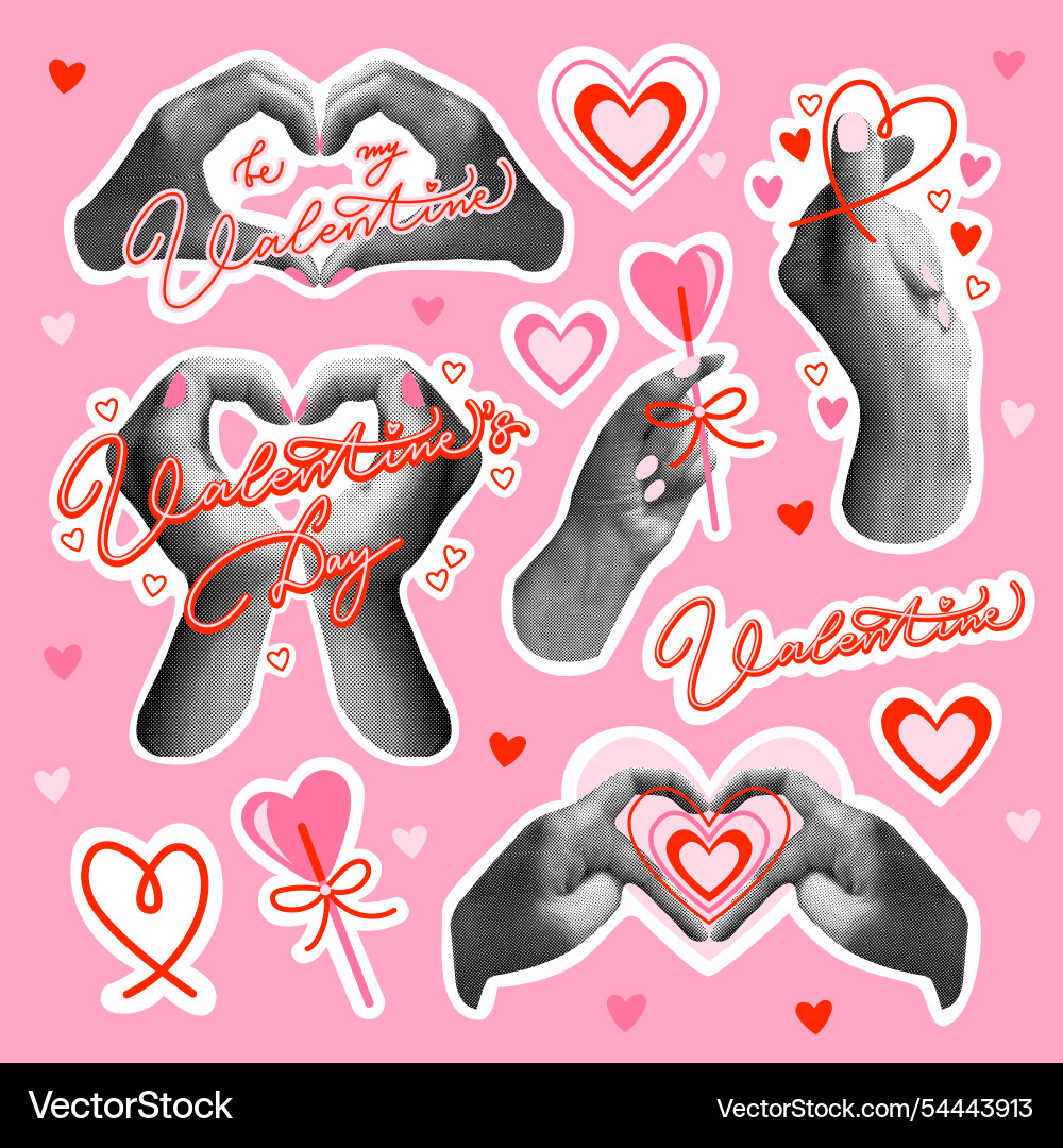 Valentinstag Halbton Collage Hand Gesten Set Valentinstag Halbton Collage Hand Gesten Set vektorbild