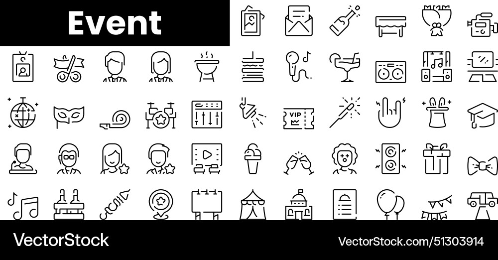Set of outline event icons minimalist thin linear Set of outline event icons minimalist thin linear vector image