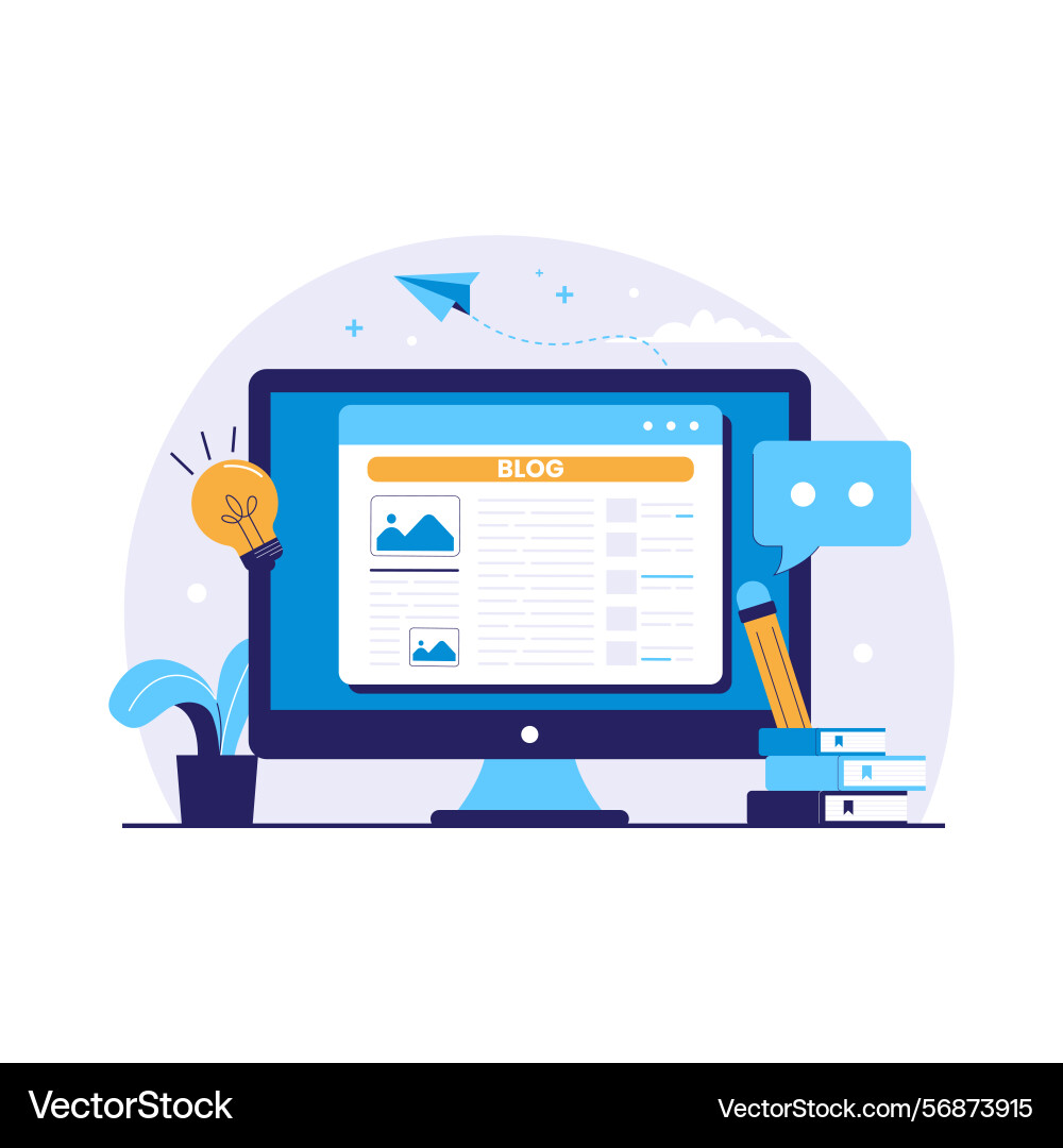 Blogging with blog page on computer screen Blogging with blog page on computer screen Vector Image