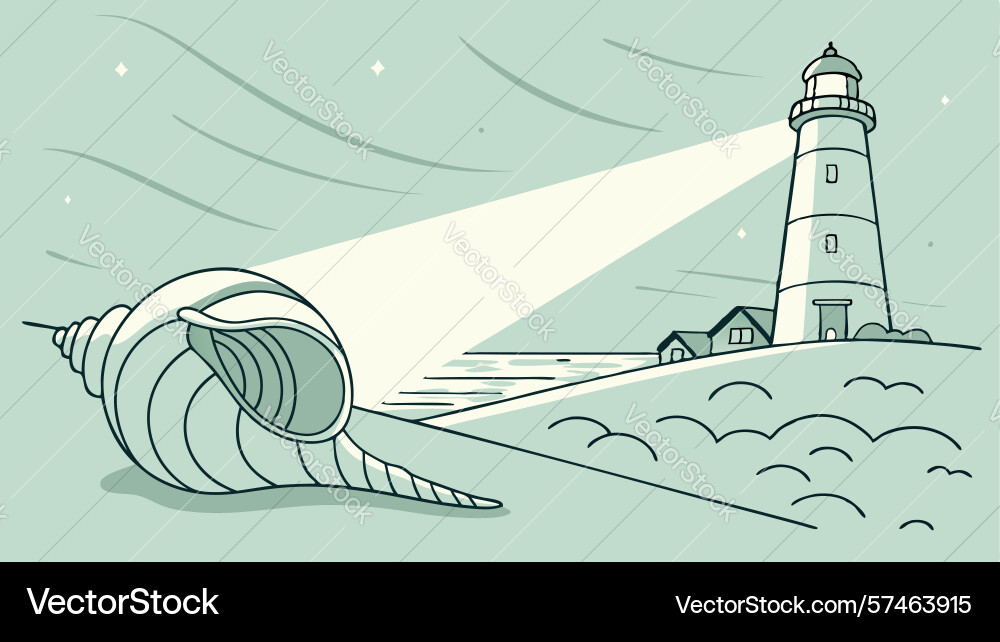 Conch shell by lighthouse on coastal cliff design vector image