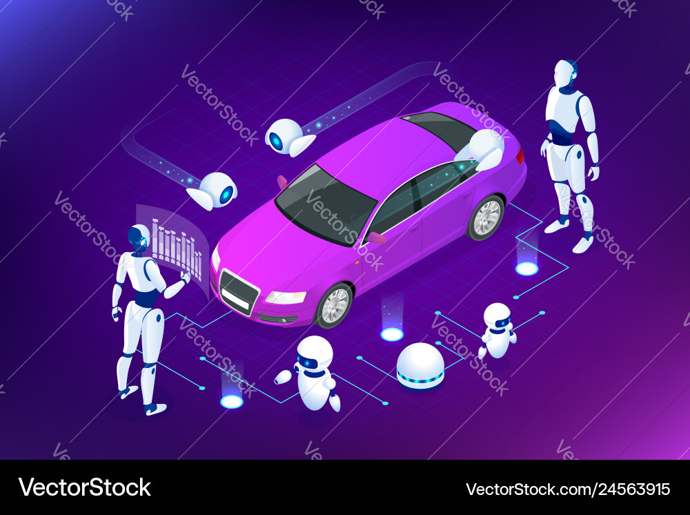 Isometric cybernetic robots works with a virtual Isometric cybernetic robots works with a virtual vector image