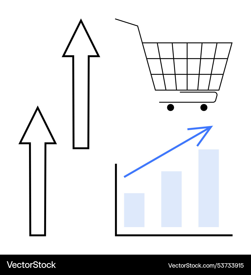 Shopping cart with upward arrows and bar graph Shopping cart with upward arrows and bar graph vector image