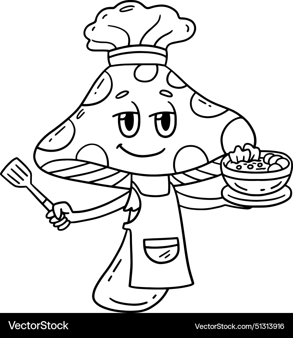 Mushroom chef isolated coloring page for kids Vector Image