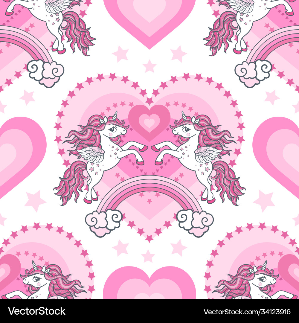 Seamless pattern with two unicorns a rainbow Seamless pattern with two unicorns a rainbow vector image