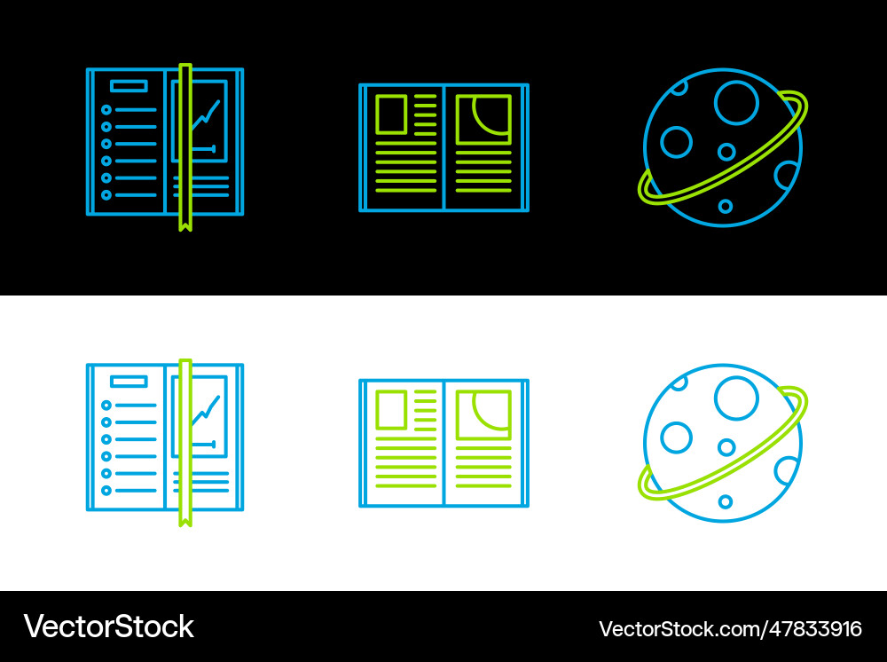 Set line planet notebook and open icon Set line planet notebook and open icon vector image