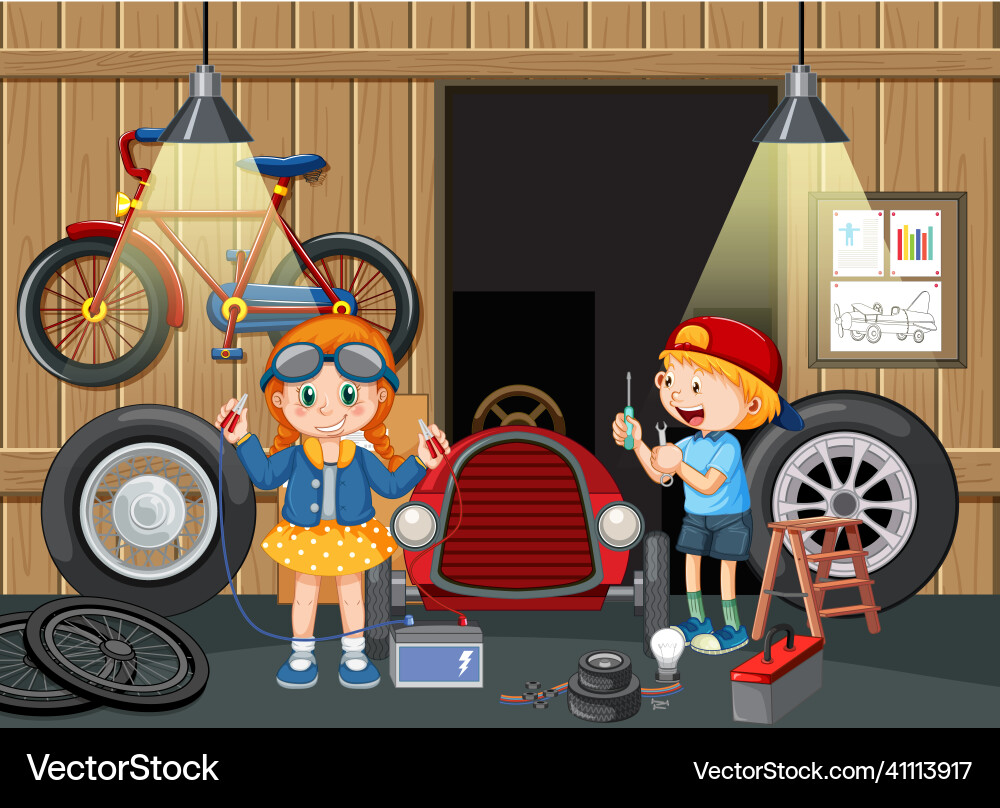 Kinder reparieren ein Auto zusammen in der Garage Kinder reparieren ein Auto zusammen in der Garage vektorbild