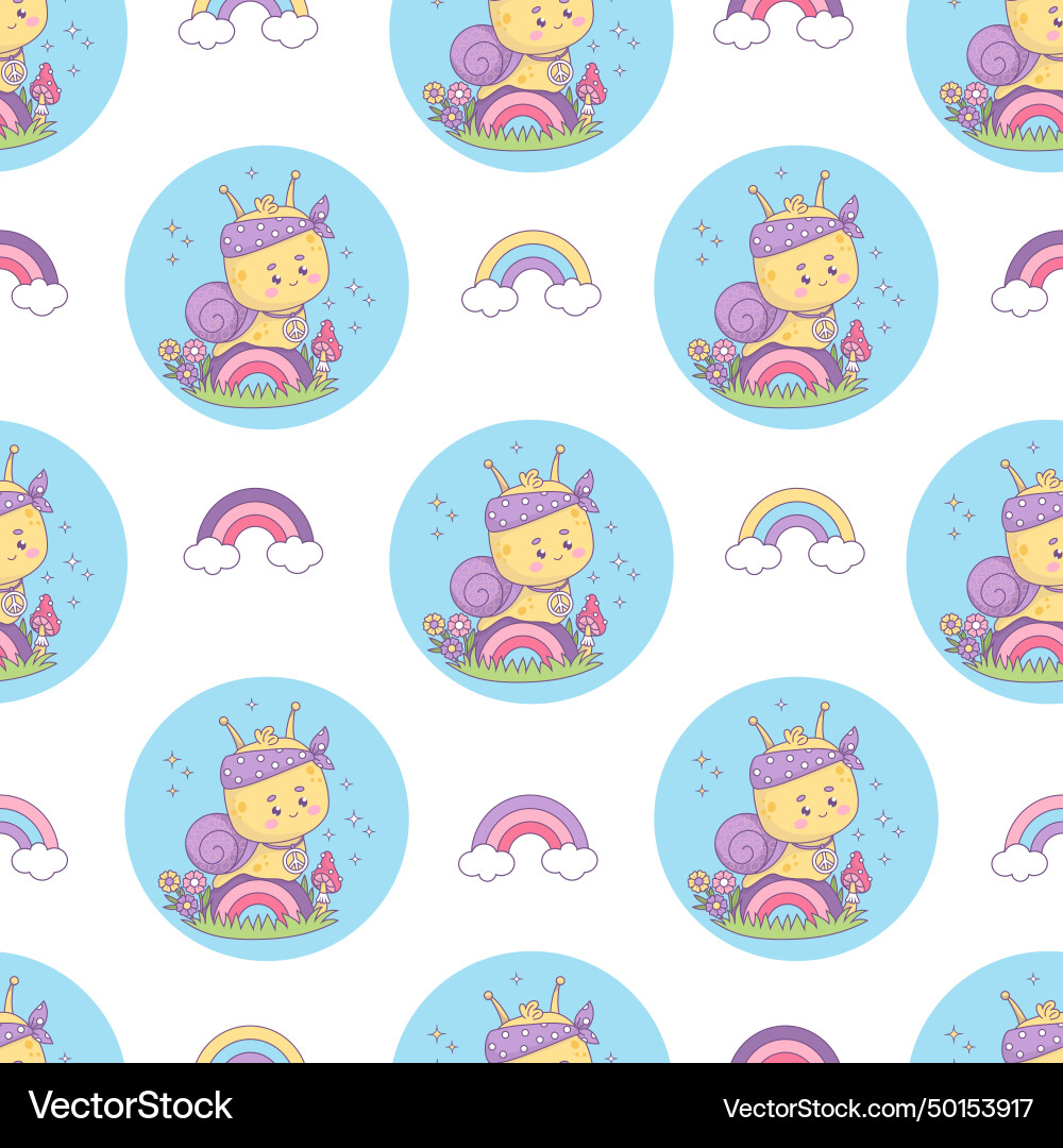Seamless pattern with groovy snail character hippy Seamless pattern with groovy snail character hippy Vector Image
