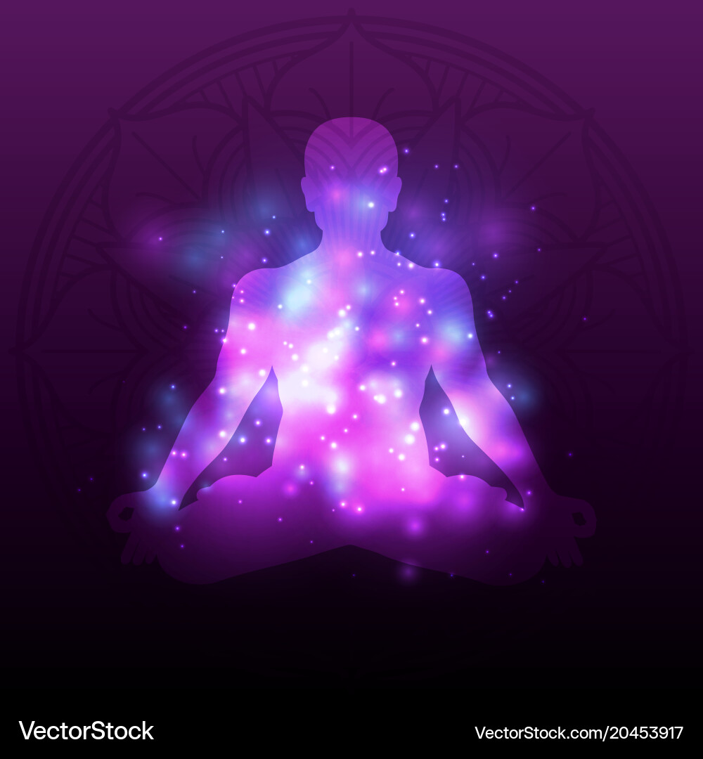 Violet meditation silhouette mandala with shiny Vector Image