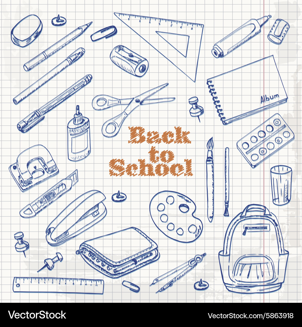 Back to school - set of objects in sketch style vector image