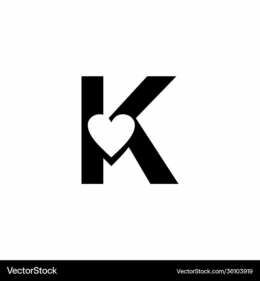 Black k letter with love sign logo vector image