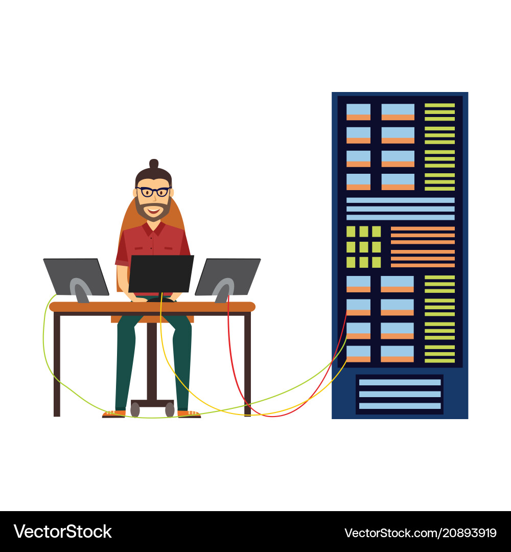 Man at server rack data center vector image