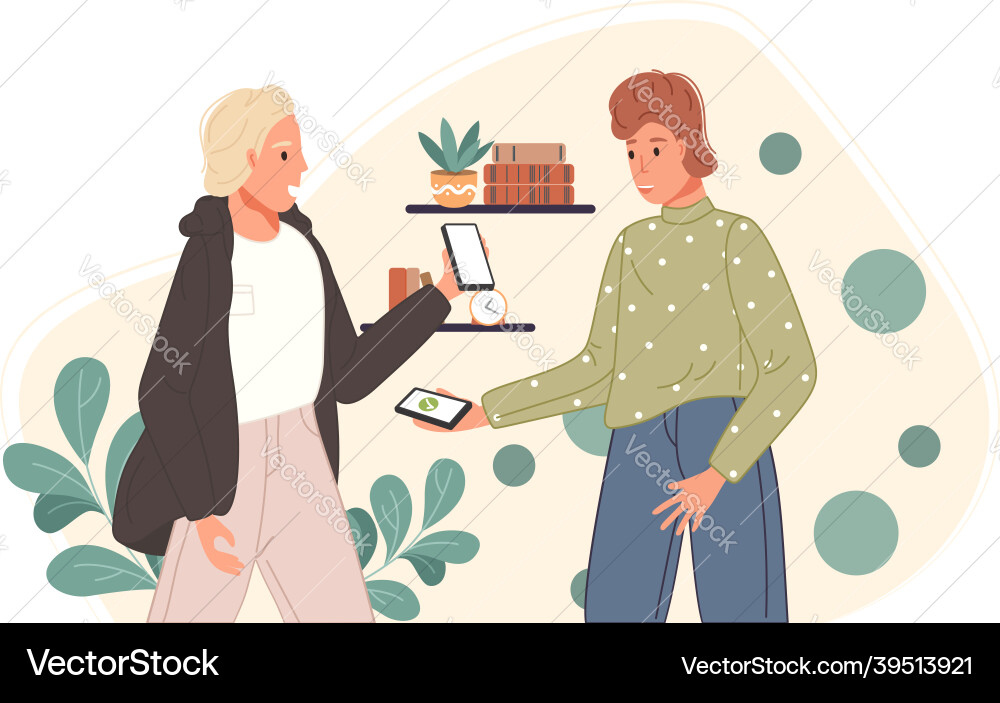 Characters using mobile payment system with scan Characters using mobile payment system with scan vector image