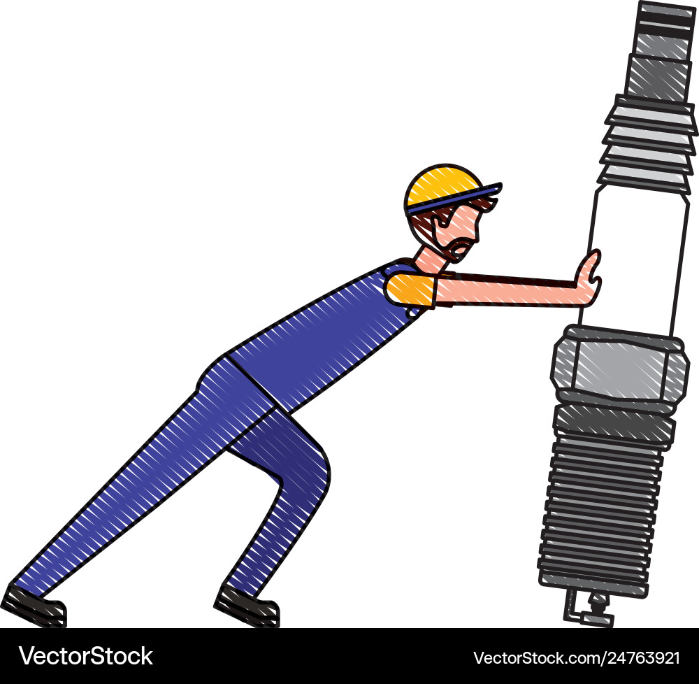 Mechanic worker with spark plug engine Mechanic worker with spark plug engine Vector Image