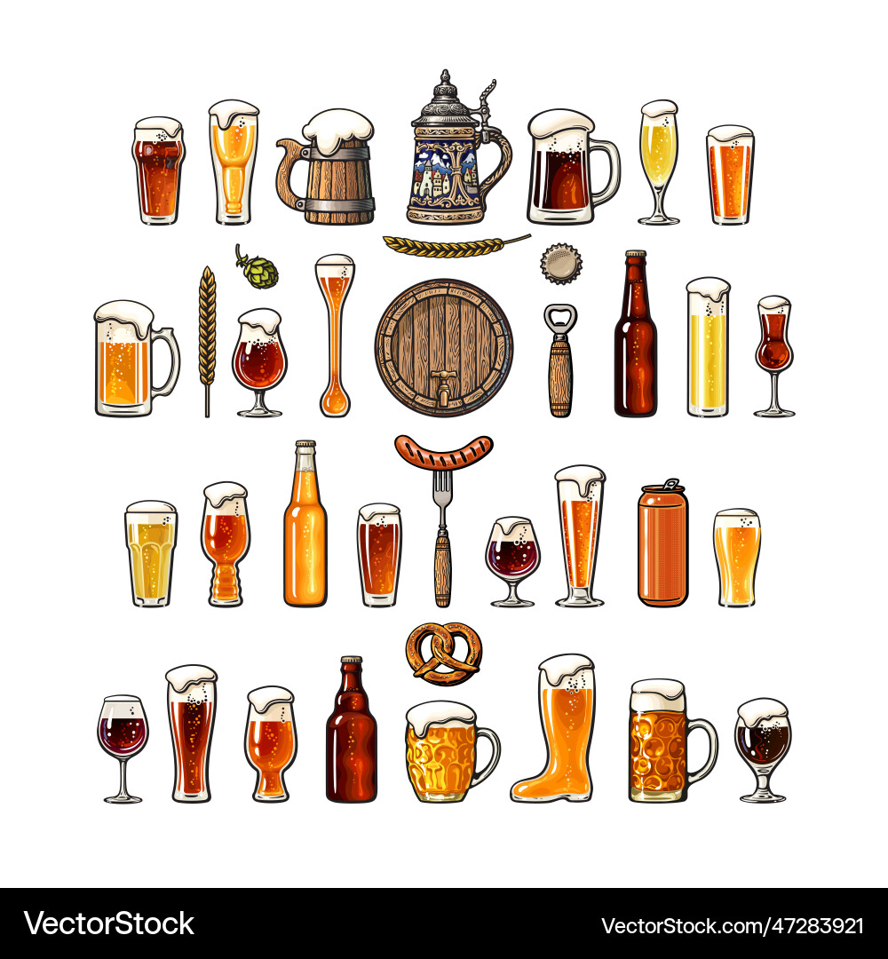 Set of beer objects various types glasses vector image