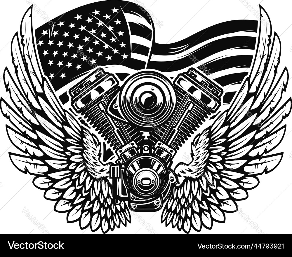 Twin engine with wings on american flag vector image