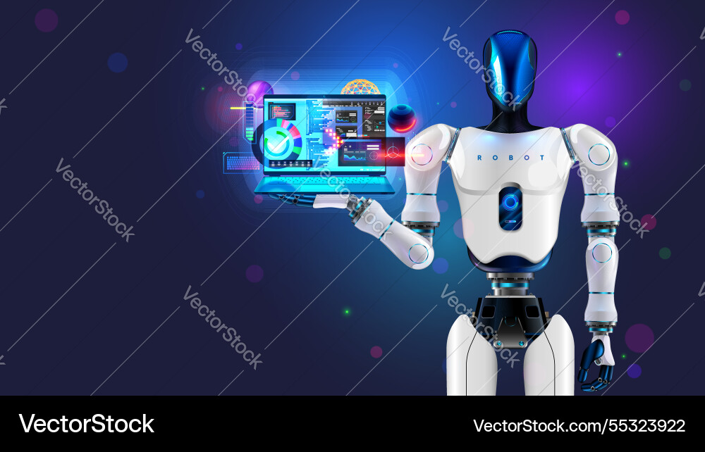 AI Robot Programmer Coding on Laptop vector image