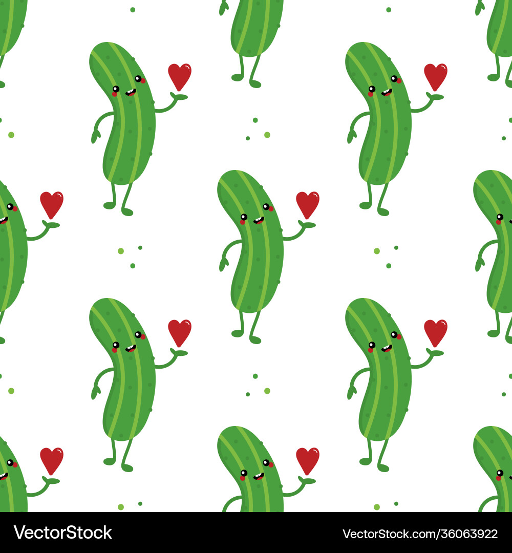 Cucumber character holding red heart pattern Cucumber character holding red heart pattern vector image