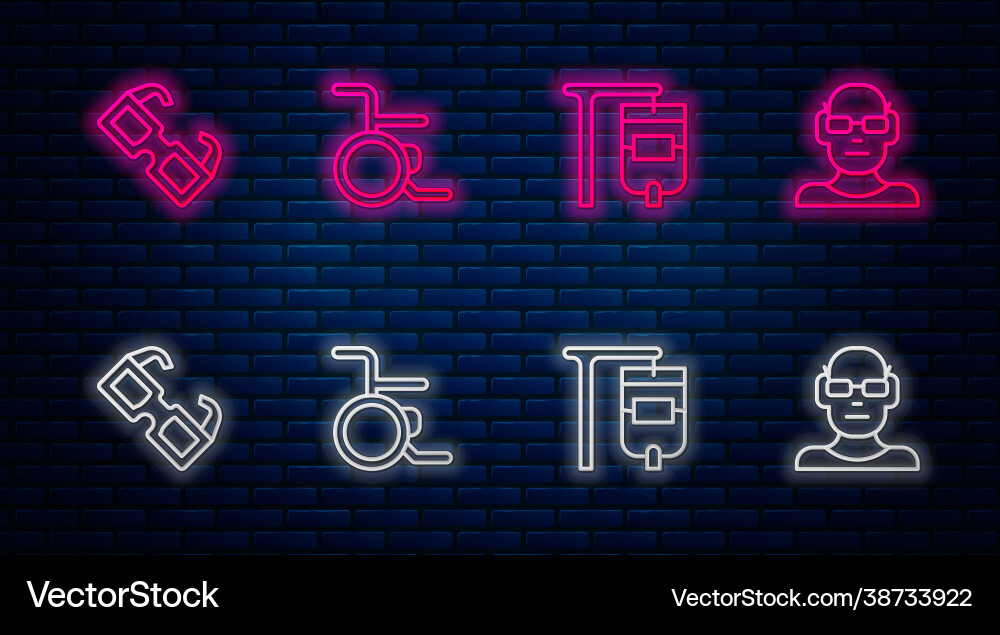 Set line wheelchair iv bag eyeglasses and poor Set line wheelchair iv bag eyeglasses and poor vector image