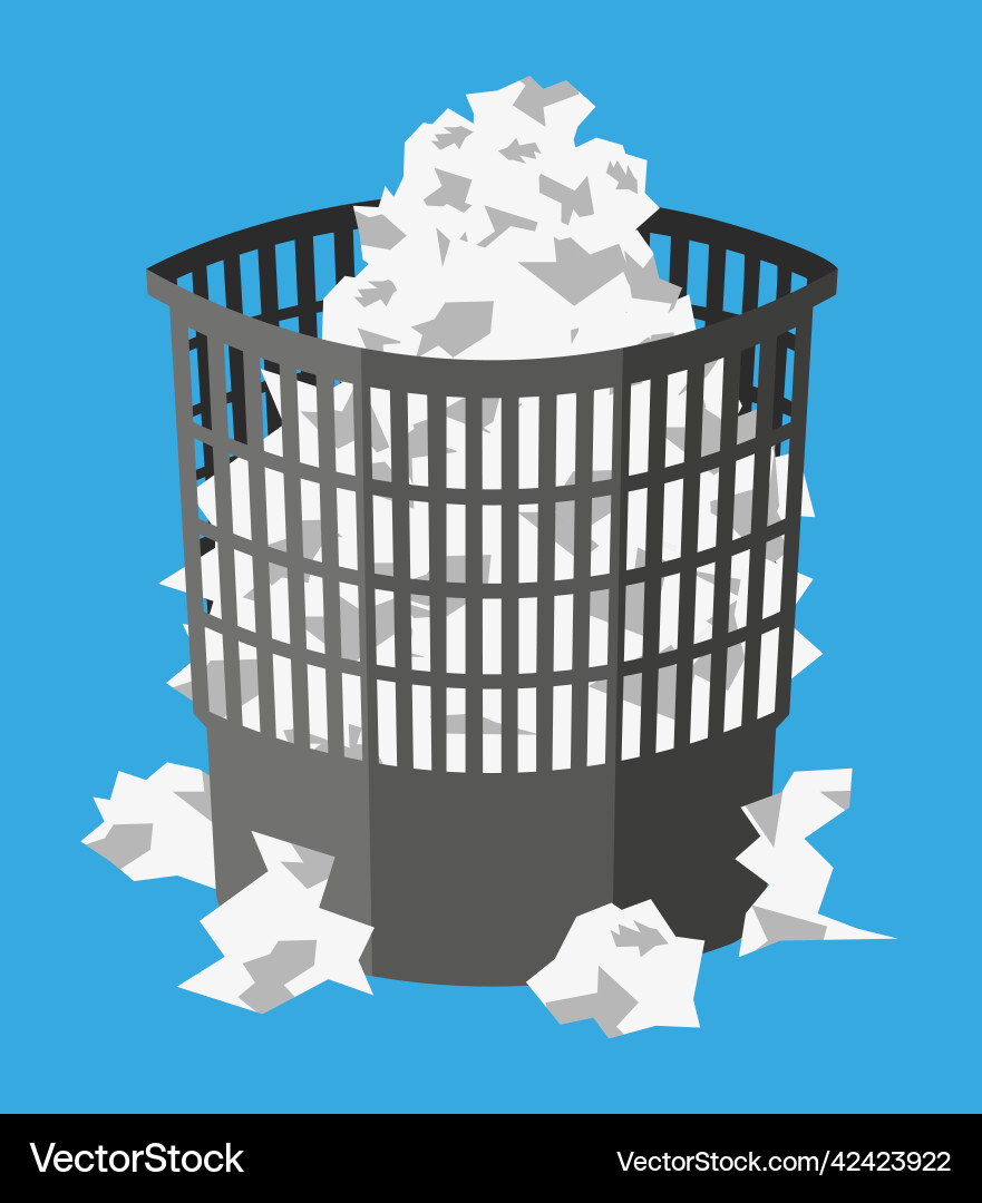 Trash can with crumpled paper inside and around Trash can with crumpled paper inside and around vector image