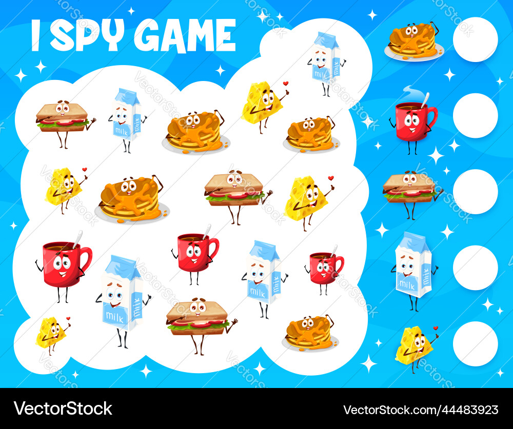 I spy game with breakfast food and dairy character Vector Image