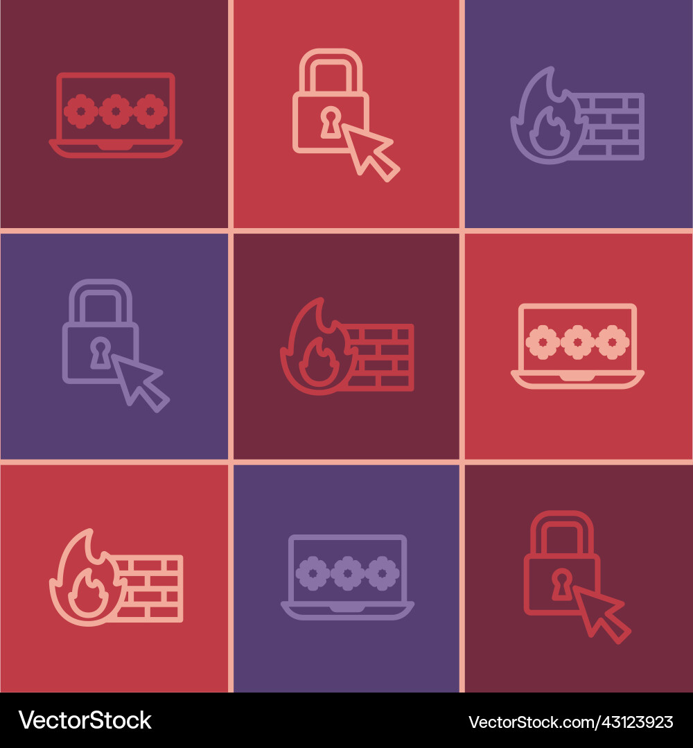Set line laptop with password firewall security Set line laptop with password firewall security Vector Image