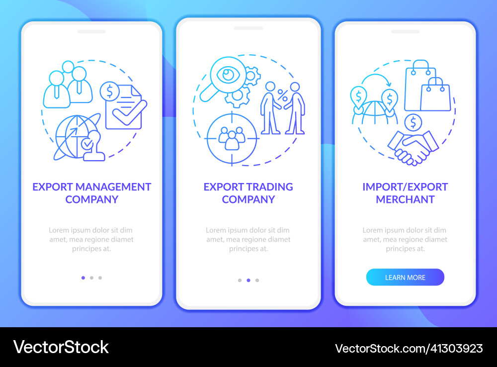 Types of export business blue gradient onboarding Types of export business blue gradient onboarding Vector Image