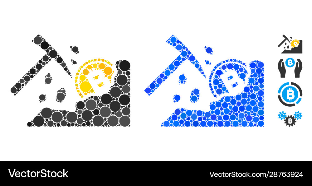 Bitcoin mining hammer mosaic icon circle dots Bitcoin mining hammer mosaic icon circle dots Vector Image