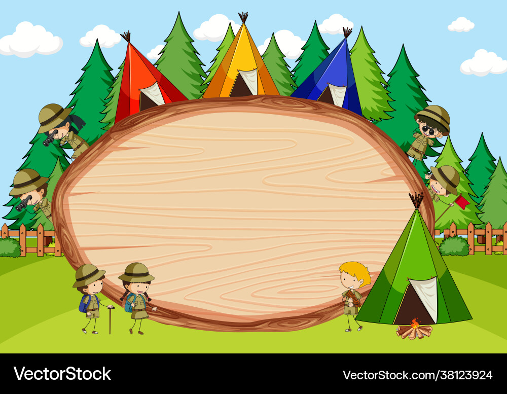 Camping scene with blank wooden board in oval Camping scene with blank wooden board in oval vector image