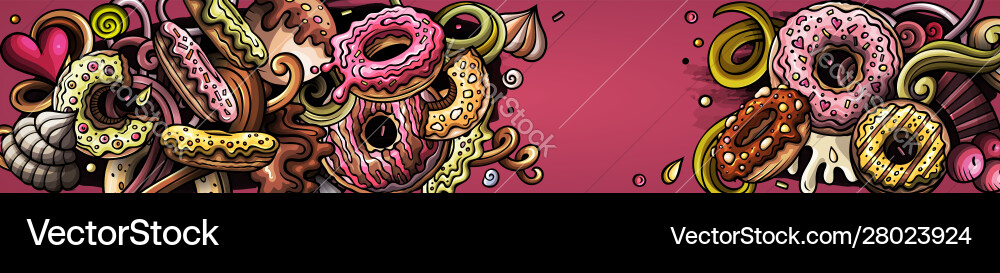 Donuts hand drawn doodle banner cartoon detailed Donuts hand drawn doodle banner cartoon detailed vector image