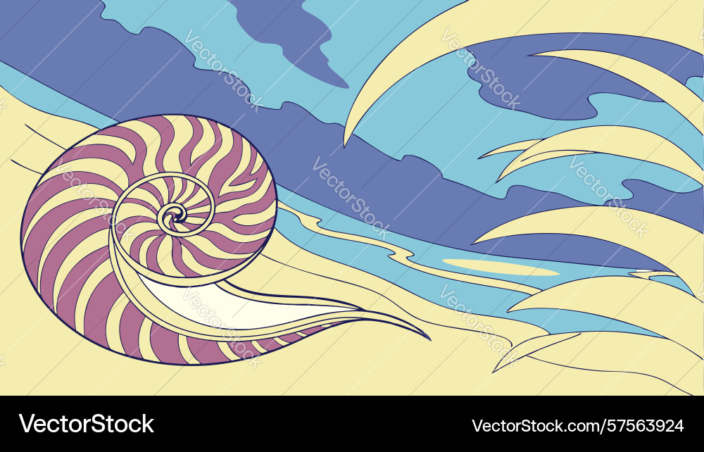 Nautilus shell on a beach with ocean waves design Vector Image