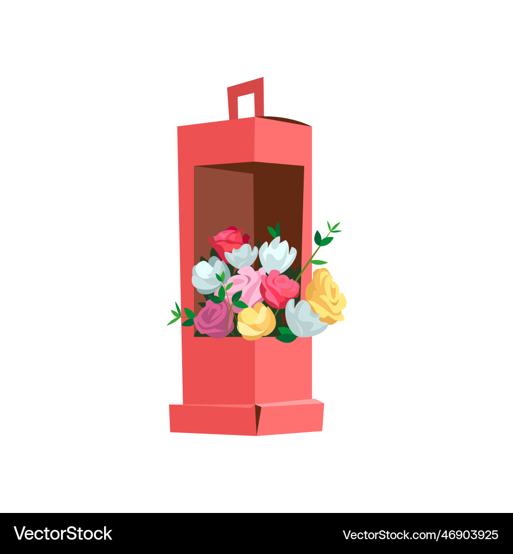 Bouquet of colorful roses in gift box cartoon Bouquet of colorful roses in gift box cartoon vector image