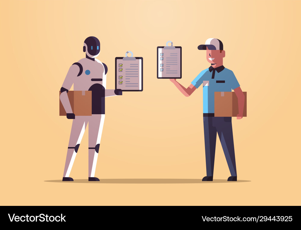 Robotic postman with man courier holding parcel Robotic postman with man courier holding parcel vector image